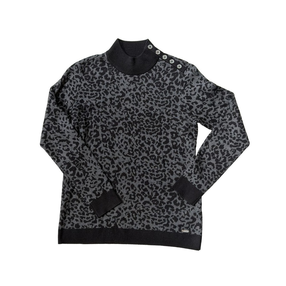 Calvin Klein Womens Gray Black Leopard Mock Neck Button Shoulder Sweater Small